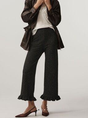 Anthropologie Colette Pants Maeve Cropped Wide Leg Ruffle Tweed New 27 Black